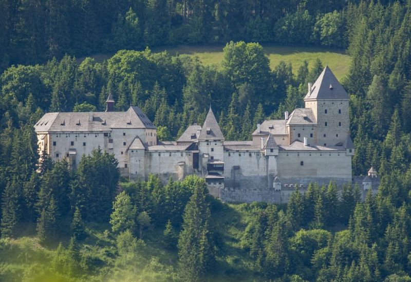 Burg umgeben von dichten Wäldern im Salzburger Lungau, im Vordergrund verschwommene Wiesen