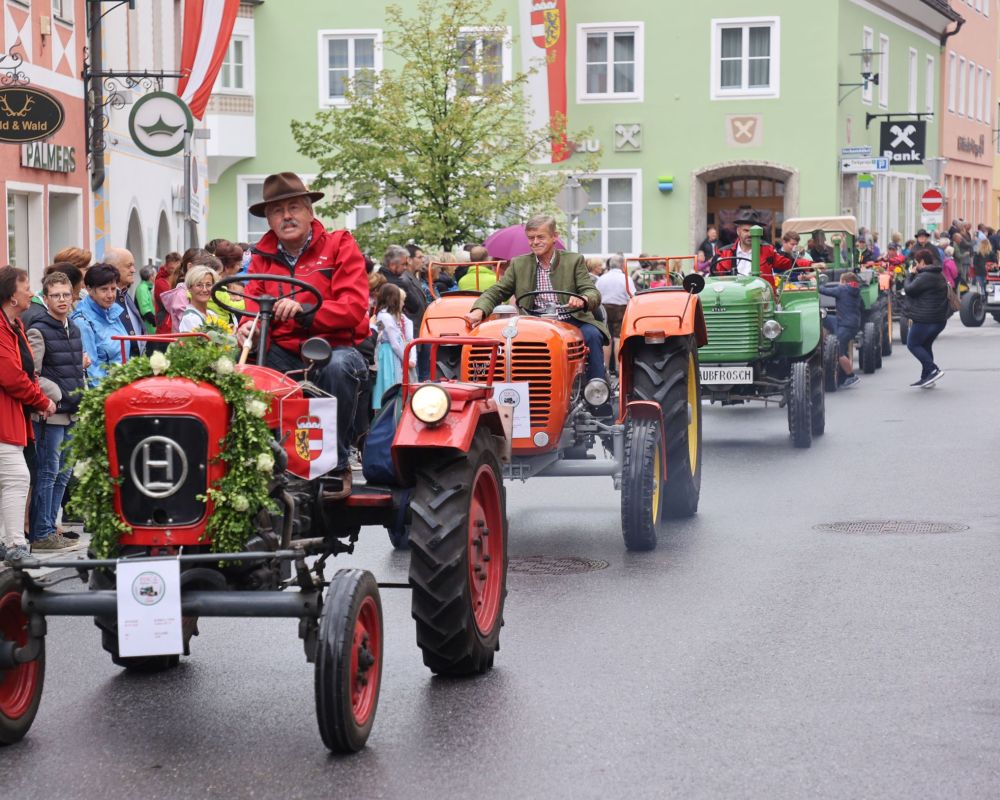 Eine Parade von bunt geschmückten Traktoren fährt durch eine belebte Straße, gesäumt von zuschauenden Menschen.