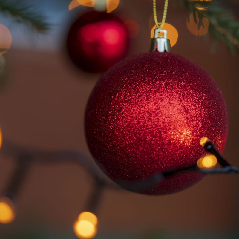 Rote Weihnachtskugel und Lichterkette an einem Tannenzweig, unscharfer Hintergrund.
