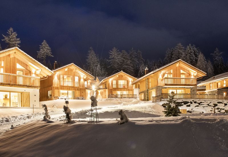 Verschneite Holzhäuser im Salzburger Lungau, nachts beleuchtet, umgeben von schneebedeckten Bäumen.