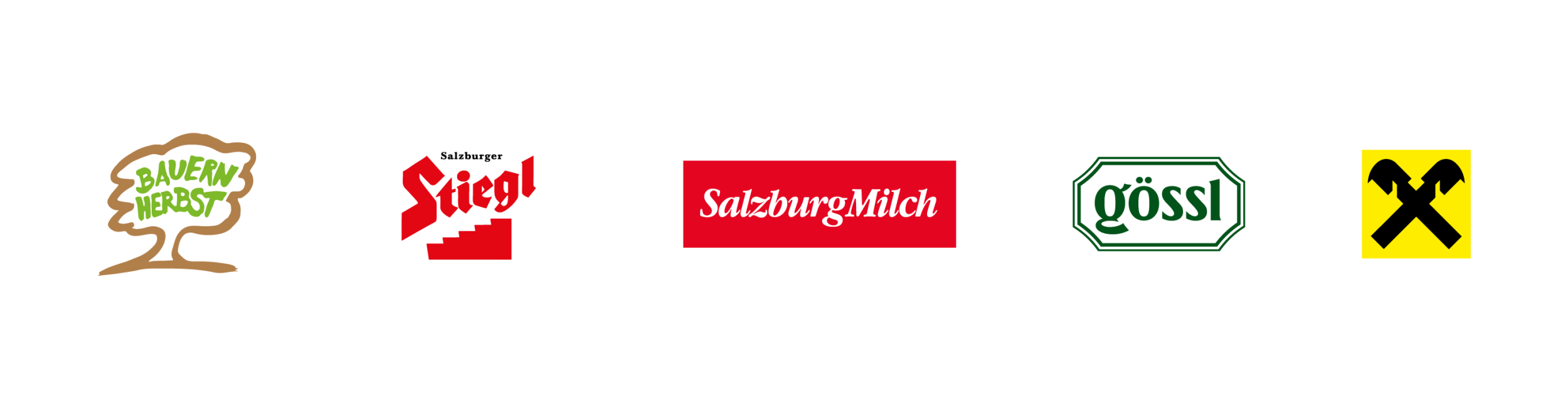 Logoleiste mit fünf Markenlogos: Bauernherbst, Stiegl, SalzburgMilch, Gössl, Raiffeisen.